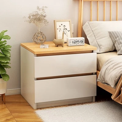 Bedside Table Bedroom Nordic Warm White Oak Wood Grain 2 Drawers Minimalis 2D-47