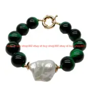 12mm Green Tigers Eye Gems Round Beads White Keshi Baroque Pearl Bracelet 7.5''