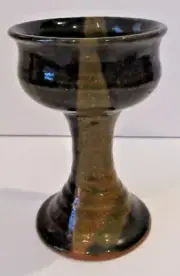 Handmade Studio Art Pottery Redware Goblet - Black & Brown Glaze UNSIGNED
