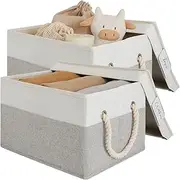 [LoforHoney Home] Fabric Storage Bins with Lids for Organizing, Foldable Storage Boxes with Lids for Shelves, Clothes Baskets with Cotton Rope Handles, Closet Storage Bins, Large, Beige & Gray, 2-Pack