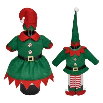 St Nicholas Square 2 pc Him & Her Elf Wine Bottle Cover Set Great Unique Gift