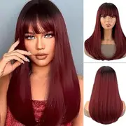 Long Straight Wigs for Women Women Synthetic Full Hair Natural Wine Red Ombre Wig with Tidy Fringes for Cosplay Costume or Daily Life (Wine Red, 26inch)