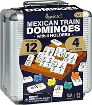 Queensell Mexican Train Dominoes Set with Numbers and 4 Holders - Wooden Hub and Tiles Holders - Double 12 with Numbers (D12 Numbers + 4 Holders)