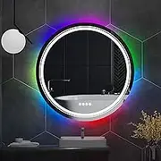 LUVODI LED Bathroom Mirror Round: 600mm Dimmable Circle Wall Vanity Mirror with 8 RGB Backlit 3 Front Lighting Color Smart Anti-Fog Touch Switch, Memory Function with Plug, CRI>90