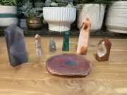 Assorted crystal towers: Agate Geode, Carnelian, Malachite, and Flower Agate