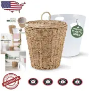 Elegant 3 Gallon Seagrass Waste Basket with Lid - Eco-Friendly Wicker Trash Can