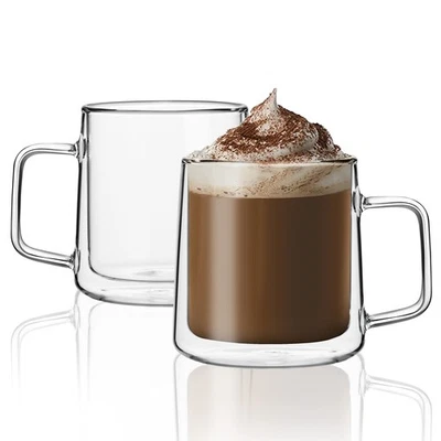CNGLASS 12oz Glass Coffee Mugs,Double Wall Insulated Glass Cups with Handle,C...