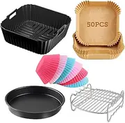 Hot Air Fryer Accessories 21 cm Airfryer Accessories for Philips Airfryer XL 6.2L, COSORI 4.7L 5.5L, Cecotec 6L, Ninja AF140 AF141 AF181 Silicone Mould, Cooking Grates, Pizza Pan, Baking Paper,