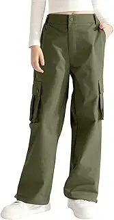 [Patgoal] Girls Cargo Pants High Waisted Adjustable Baggy Cargo Joggers Trousers Parachute Pants with Pockets 7-16 Years