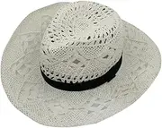 [Generic] Women Men Crochet Cowboy Straw Hats Solid Color Wide Brim Beach Sun Hat Hollow Out Cowgirl Cap White 56to58cm