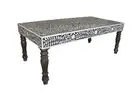 Bone Inlay Coffee Table Square Floral Design Black with Wood Legs