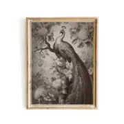 Antique Moody Peacock Painting, Brown Beige Paper Poster Prints Peacock sitting