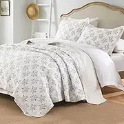 CozyQQ White Floral King Quilt - 100% Organic Cotton Reversible Quilt King Size, Elegant French Girls Women Gift, Lightweight Quilted Bedspread Bedding Set, Spring All Season Comforter, 98"x106"