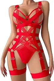 [FEOYA] Women Strappy Harness Lingerie Set Hollow Out Garter Belt Set with Thongs Teddy Babydoll Bodysuit