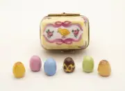 New French Limoges Trinket Box Easter Egg Carton Hand Painted Chick & Remov Eggs