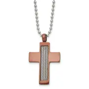 Stainless Steel Chisel Brushed Brown Ip-Plated With Cable Inlay Cross Pendant On A 24 Inch Ball Chain Necklace