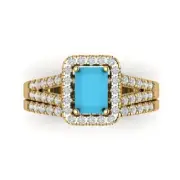 1.6ct Emerald Round Cut Halo Turquoise Stone Promise Bridal set 14k Yellow Gold