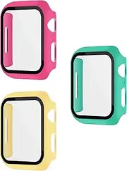 [XFEN] 3 Pack Multi-Color Cases with Tempered Glass Screen Protector for Apple Watch Series 7 Series 8 Series 9 45mm, Hot Pink + Yellow + Turquoise, Smooth Touch, Easy Installation, Full Screen Shield,