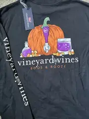 Vineyard Vines Black Boos & Booze Pumpkin Halloween Pocket LS Shirt | Sz: M NWT