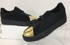 Keep Me On My Toes Black Vegan Suede Metallic Gold Toe Cap Sneaker Sz 8.5 EUR39