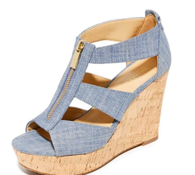 New Michael Kors Damita Espadrille Wedge Sandal platform zip washed Denim blue