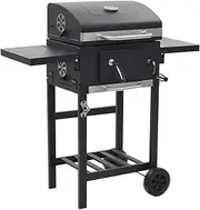 Charcoal-Fueled BBQ Grill with Bottom Shelf Black - Portable Outdoor Kitchen Station with Wheels, Folding Side Tables, Integrated Thermometer and Powder-Coated Steel Design, 97x57x99 cm