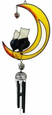 Cat Lovers On Crescent Moon Glass Gem Resonant Black Coated Copper Wind Chime