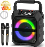 Bluetooth Karaoke Machine w/ 2 Wireless Mics LED Speaker USB AUX FM Party