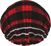 Plaid Red And Black Print Various Activities Shower Cap Reusable Soft And Lightweight Bath Hair Cap Long Hair