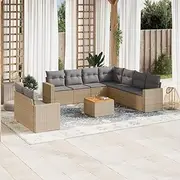 10 Piece Garden Sofa Set with Cushions Mix Beige Poly Rattan, Conversation Sets