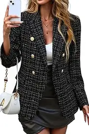 ELLEVEN Women's Tweed Blazers Business Casual - Long Sleeve Double Breasted Jackets Open Front Work Suits