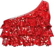 [TiaoBug] Girls Ruffled Sequin Performance Crop Tops Modern Jazz Hip Hop Metallic One Shoulder Dance Vest Costume