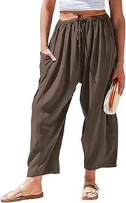 [TARSE] Womens Linen Wide Leg Pants Casual Loose Drawstring Low Waist Beach Palazzo Harem Pants with Pockets