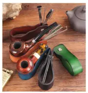 Tobacco Pipe Stand 4 in 1 Leather Holder with Smoking Pipes Reamer Cleaner Tools