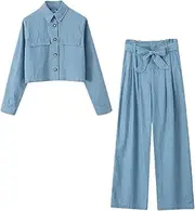 [Generic] Women's Short Long Sleeve Shirt Jacket Coat Top Belt Wide Leg Pants Set Two Piece Set