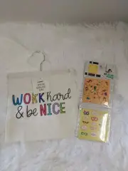 Canvas Hanging Bag Button Back Flap W/"Work Hard & Be Kind & Mini Sticker Sheets