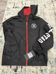 New Converse Jacket Windbreaker M-10-12 Blk Youth Zip Mesh Lining Logo Chest