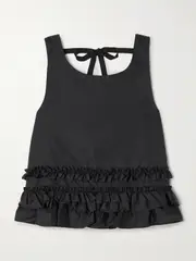 [GANNI] GANNI - Grosgrain-trimmed Ruffled Recycled Satin-twill Top - Black - EU 42 EU 42 Black