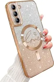 [ZONRW] for Samsung Galaxy S21 Case Magnetic,for Women Girl Soft Cute Luxury Love Heart Plating Bling Gradient Glitter Clear Phone Case Compatible with MagSafe Shockproof Back Cover 6.2”-Gold
