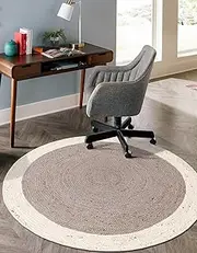 [Aizza Trends] Indian Handmade Braided White Border with Inner Gray Natural Jute Area Rug- Jute Rug- Dining Room- Living Room Size - 8 x 8 Feet Round (240 cm x 240 cm)