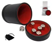 (6) Zinc Alloy Dice Nickel w/Red Pips + PU Leather Red Felt Lined Cup Lid Boxed