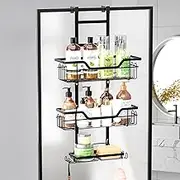 3-Tier Adjustable Over-The-Door Shower Caddy, Black Rustproof Metal Bathroom Organizer with 2 Soap Holders and Towel Hooks, No-Drill Design, Space-Saving Hanging Shelf for Bathroom Door