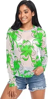 [RPLIFE] Green Leaf Clovers White Womens Mesh Top, Fancy Long Sleeve Shirts for Women S-XXL