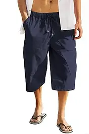 [COOFANDY] Men's Linen Capri Pants Casual Drawstring Yoga Pants Baggy Harem Pants Wide Leg Beach Capris