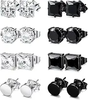 [Generisch] 8 Pairs of Men's Earrings, Stainless Steel Boys Stud Earrings, Hypoallergenic Black Silver Earrings, Cubic Zirconia Stud Earrings Set for Men, Boys - 6/8 mm