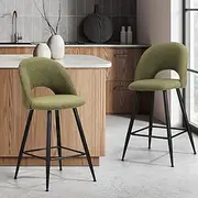 [OIKITURE] Bar Stool Set of 2, Kitchen Counter Barstools Dining Chair Sherpa Boucle Fabric Upholstered Backrest in 59cm Seat Height Floor for Outdoor Indoor Home Bar Dining Room Cafe, Green
