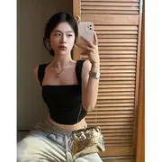 Square Neck Plain Cropped Camisole Top Black - One Size