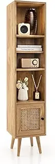 Giantex Natural Rattan Storage Cabinet, Freestanding Slim Cabinet with Rattan Door & Solid Wood Legs, 137 cm Boho Accent Bookcase Display Rack with 12-Position Adjustable Shelf