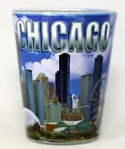 Chicago Illinois Photo Skyline White Blue Words Glassware Shot Glass