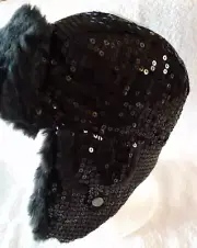 Womens Warm Trapper Hat NEW W/TAGS Faux Fur One Size Fits BLACK SEQUINED